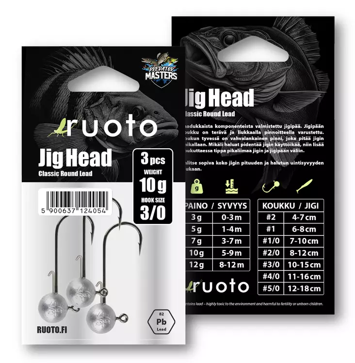 Ruoto PredatorMasters Jig Head 10g - "Classic Round Lead" - Jighoveder - 6438407013387 - 2