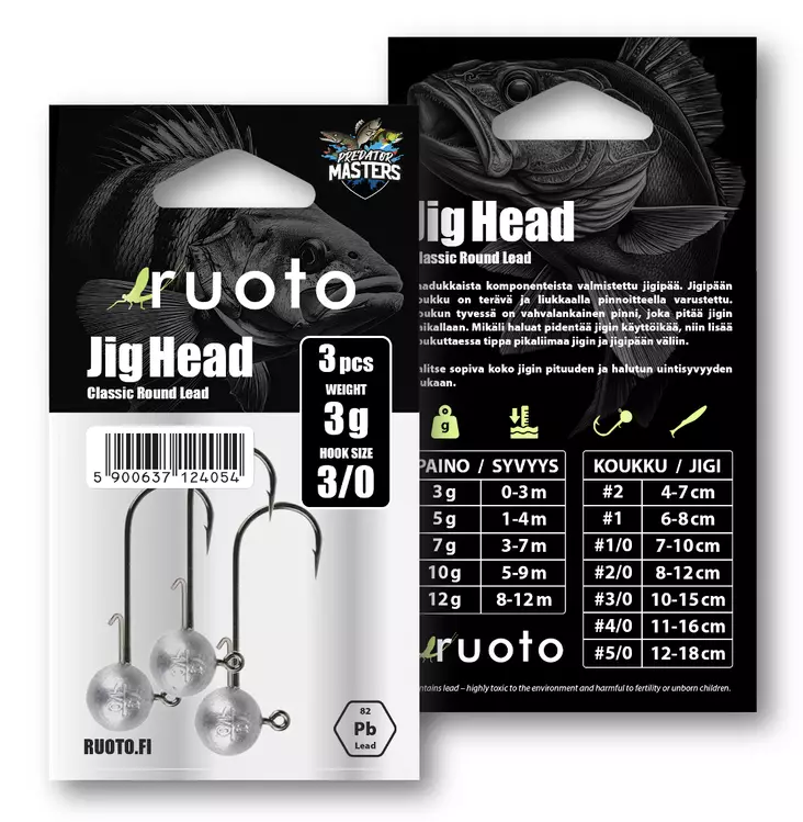Ruoto PredatorMasters Jig Head 3g - "Classic Round Lead" - Jighoveder - 6438407013189 - 2